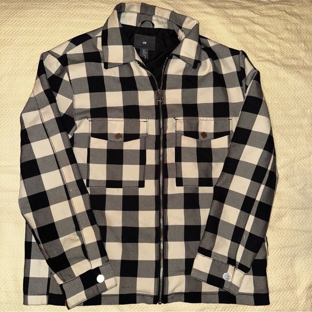 H&M Black and Cream Checkered Shirt Jacket